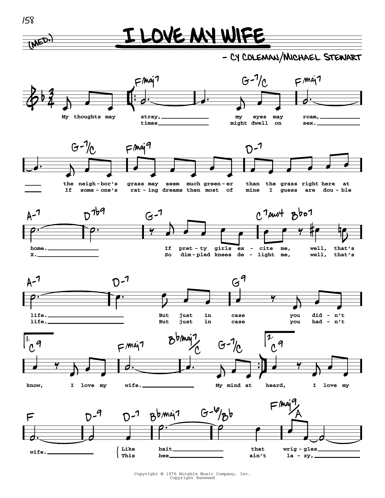 Michael Stewart I Love My Wife (High Voice) sheet music notes and chords arranged for Real Book – Melody, Lyrics & Chords