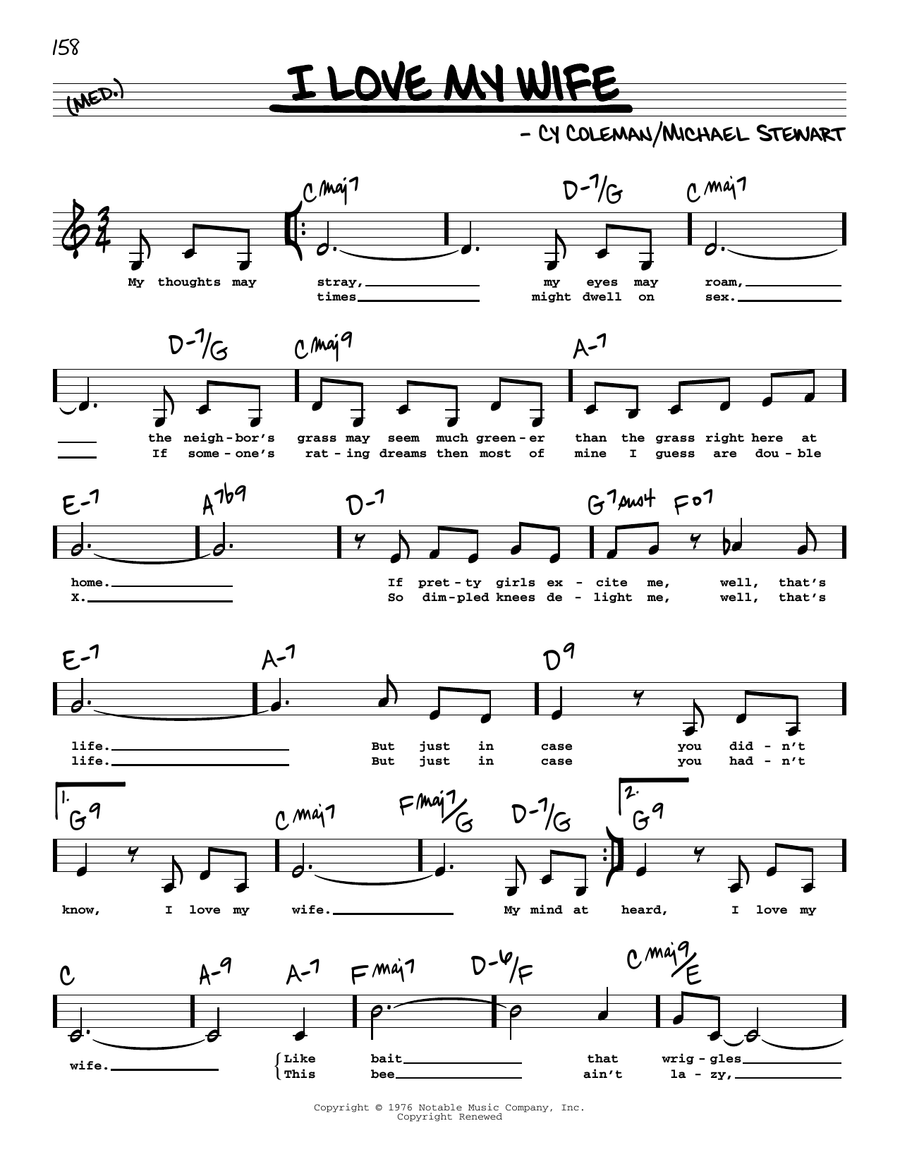 Michael Stewart I Love My Wife (Low Voice) sheet music notes and chords arranged for Real Book – Melody, Lyrics & Chords