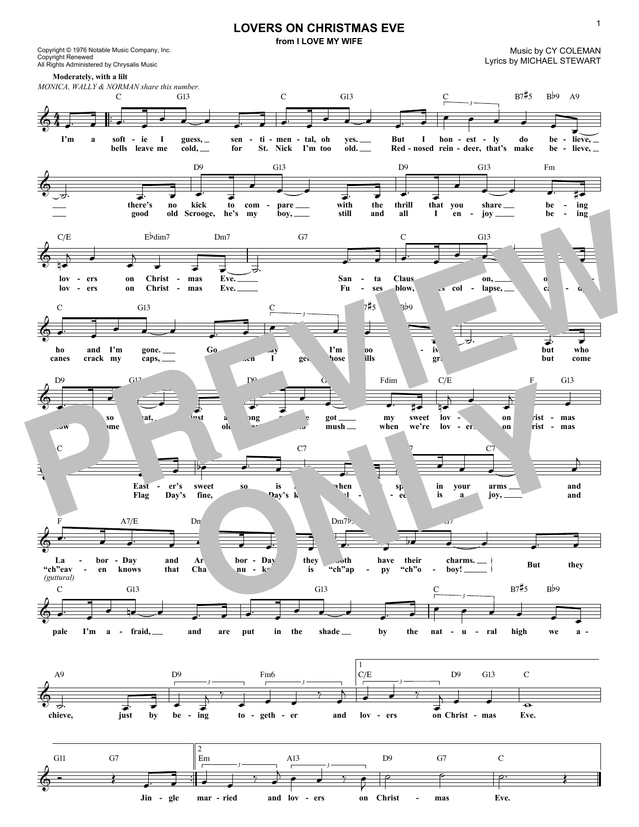 Cy Coleman Lovers On Christmas Eve sheet music notes and chords arranged for Lead Sheet / Fake Book