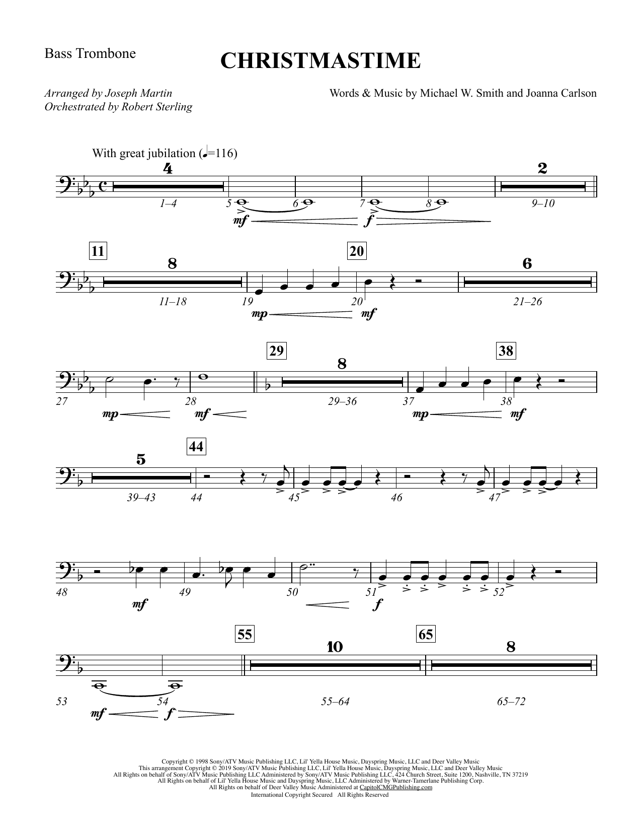Michael W. Smith & Joanna Carlson Christmastime (arr. Joseph M. Martin) - Bass Trombone sheet music notes and chords arranged for Choir Instrumental Pak