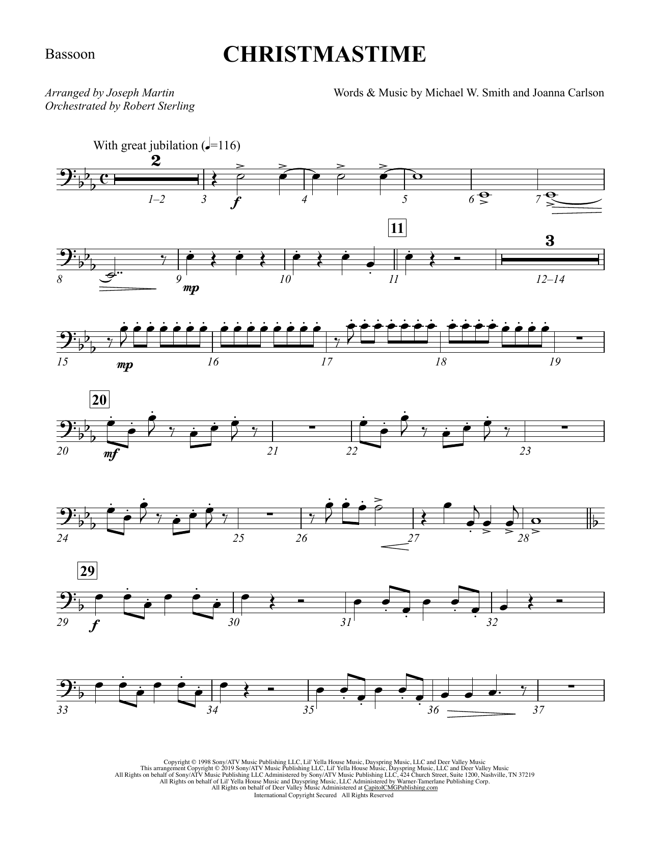 Michael W. Smith & Joanna Carlson Christmastime (arr. Joseph M. Martin) - Bassoon sheet music notes and chords arranged for Choir Instrumental Pak