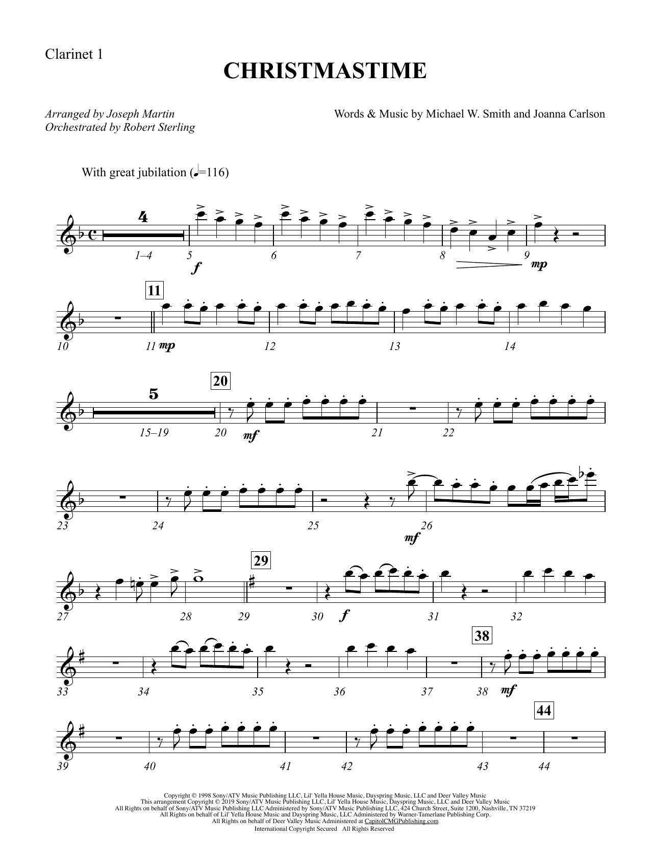 Michael W. Smith & Joanna Carlson Christmastime (arr. Joseph M. Martin) - Bb Clarinet 1 sheet music notes and chords arranged for Choir Instrumental Pak