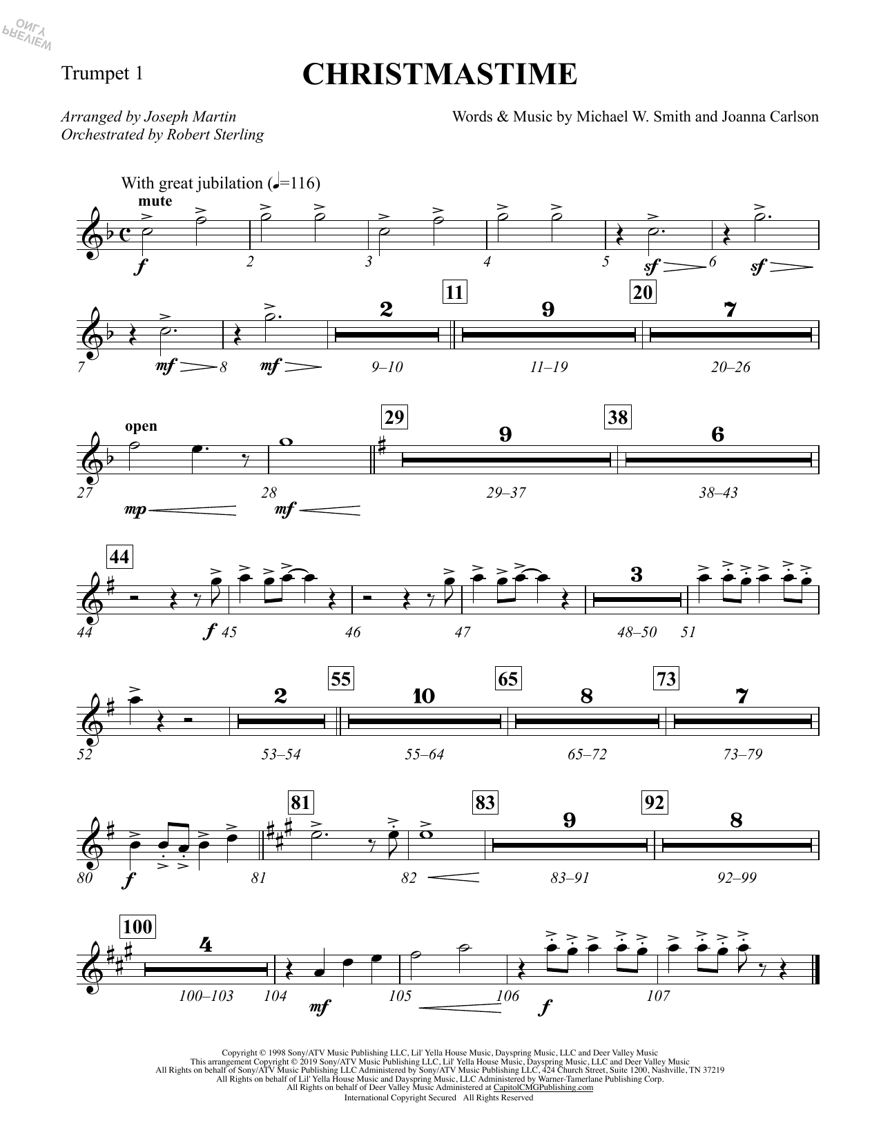 Michael W. Smith & Joanna Carlson Christmastime (arr. Joseph M. Martin) - Bb Trumpet 1 sheet music notes and chords arranged for Choir Instrumental Pak