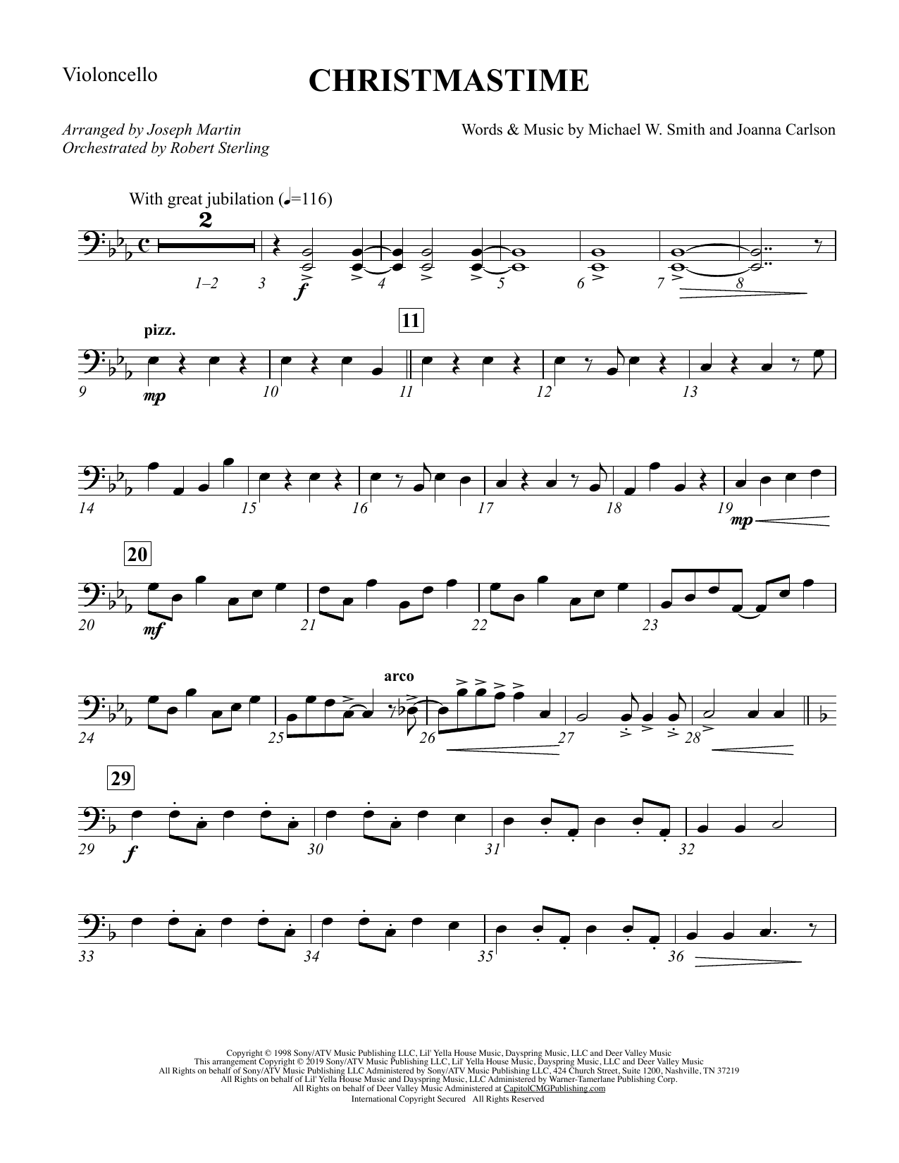Michael W. Smith & Joanna Carlson Christmastime (arr. Joseph M. Martin) - Cello sheet music notes and chords arranged for Choir Instrumental Pak
