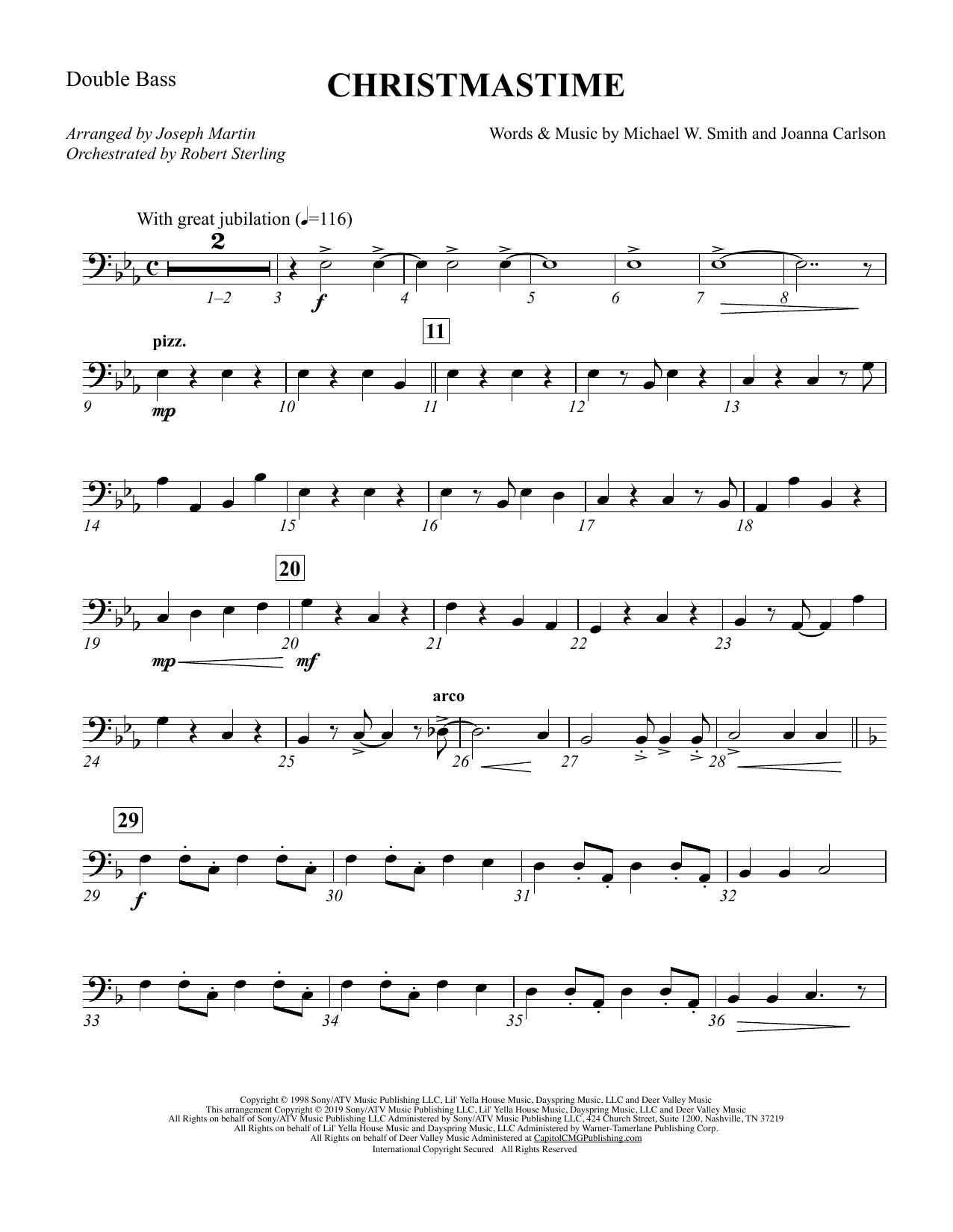 Michael W. Smith & Joanna Carlson Christmastime (arr. Joseph M. Martin) - Double Bass sheet music notes and chords arranged for Choir Instrumental Pak