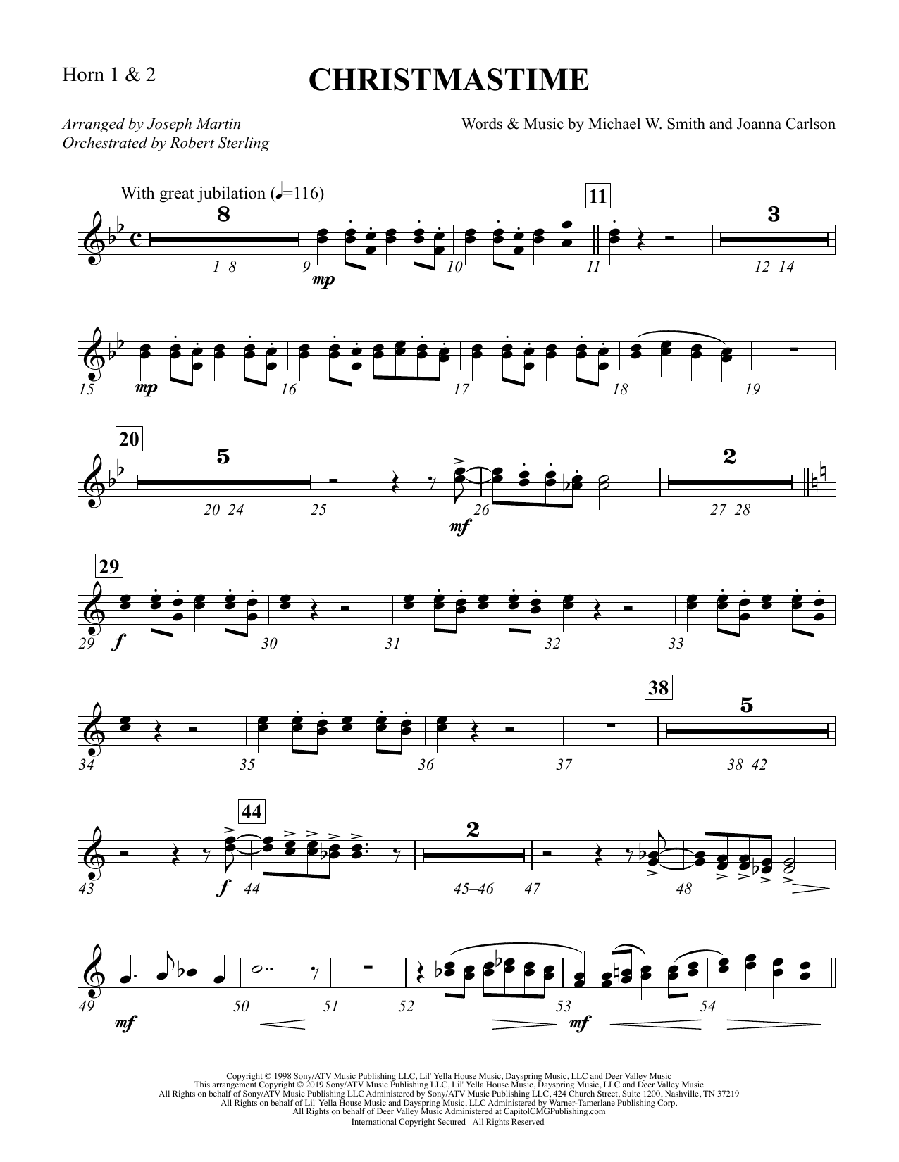 Michael W. Smith & Joanna Carlson Christmastime (arr. Joseph M. Martin) - F Horn 1 & 2 sheet music notes and chords arranged for Choir Instrumental Pak