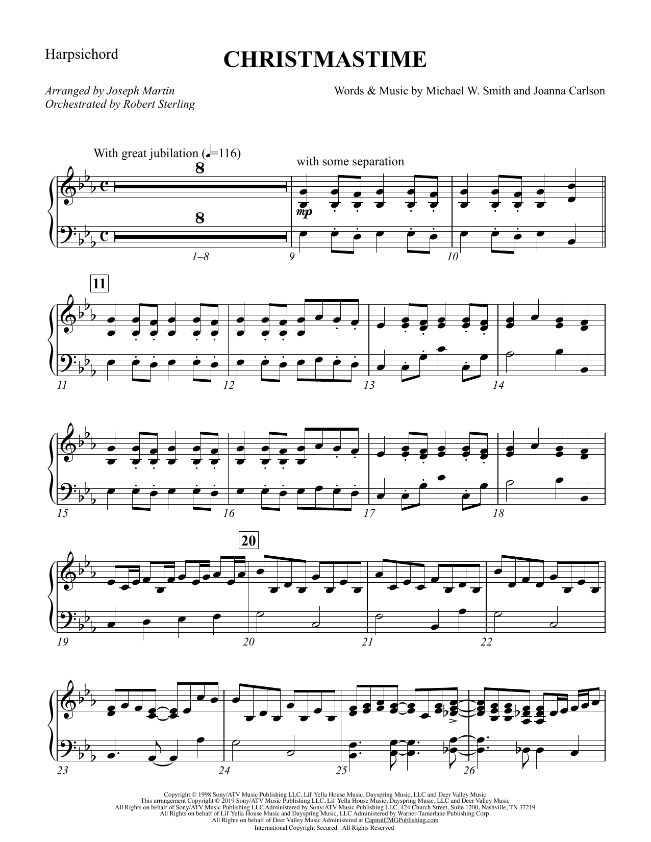 Michael W. Smith & Joanna Carlson Christmastime (arr. Joseph M. Martin) - Harpsichord sheet music notes and chords arranged for Choir Instrumental Pak