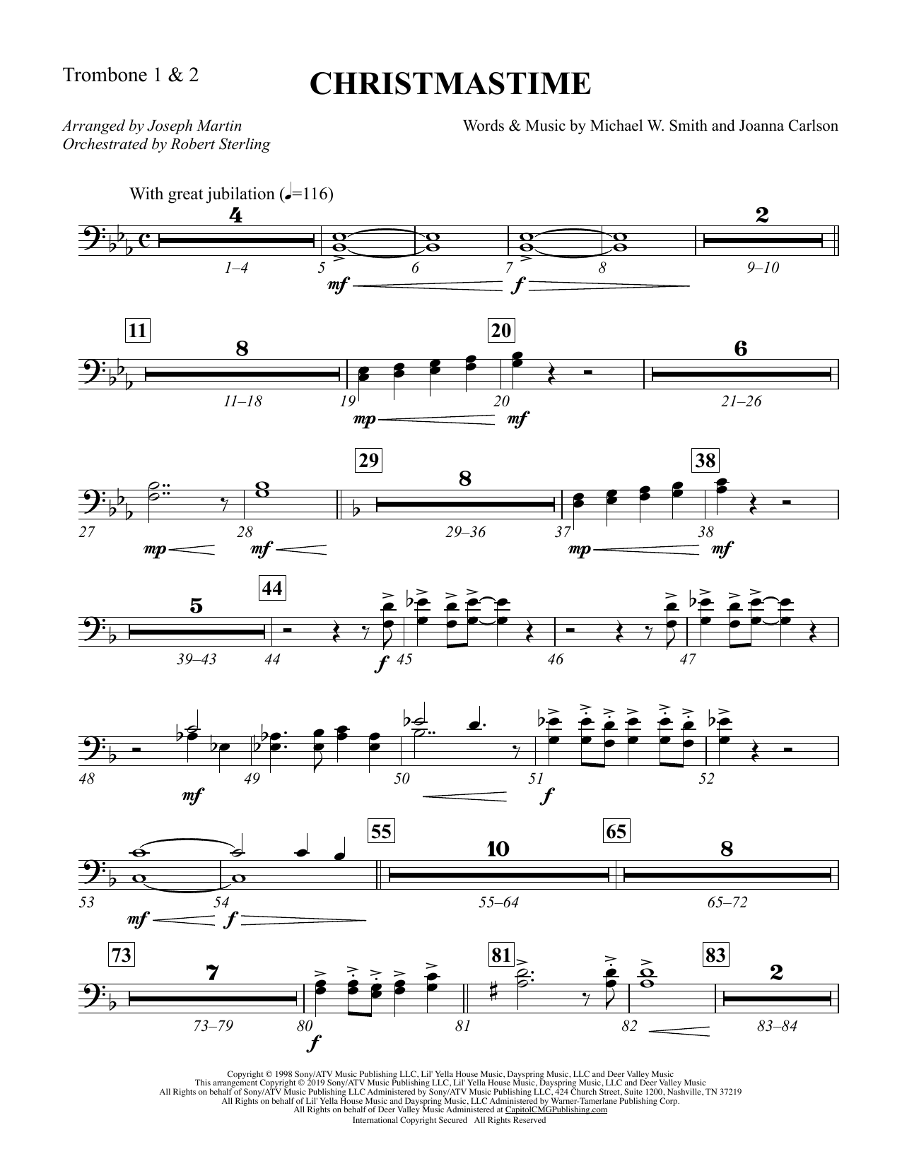 Michael W. Smith & Joanna Carlson Christmastime (arr. Joseph M. Martin) - Trombone 1 & 2 sheet music notes and chords arranged for Choir Instrumental Pak
