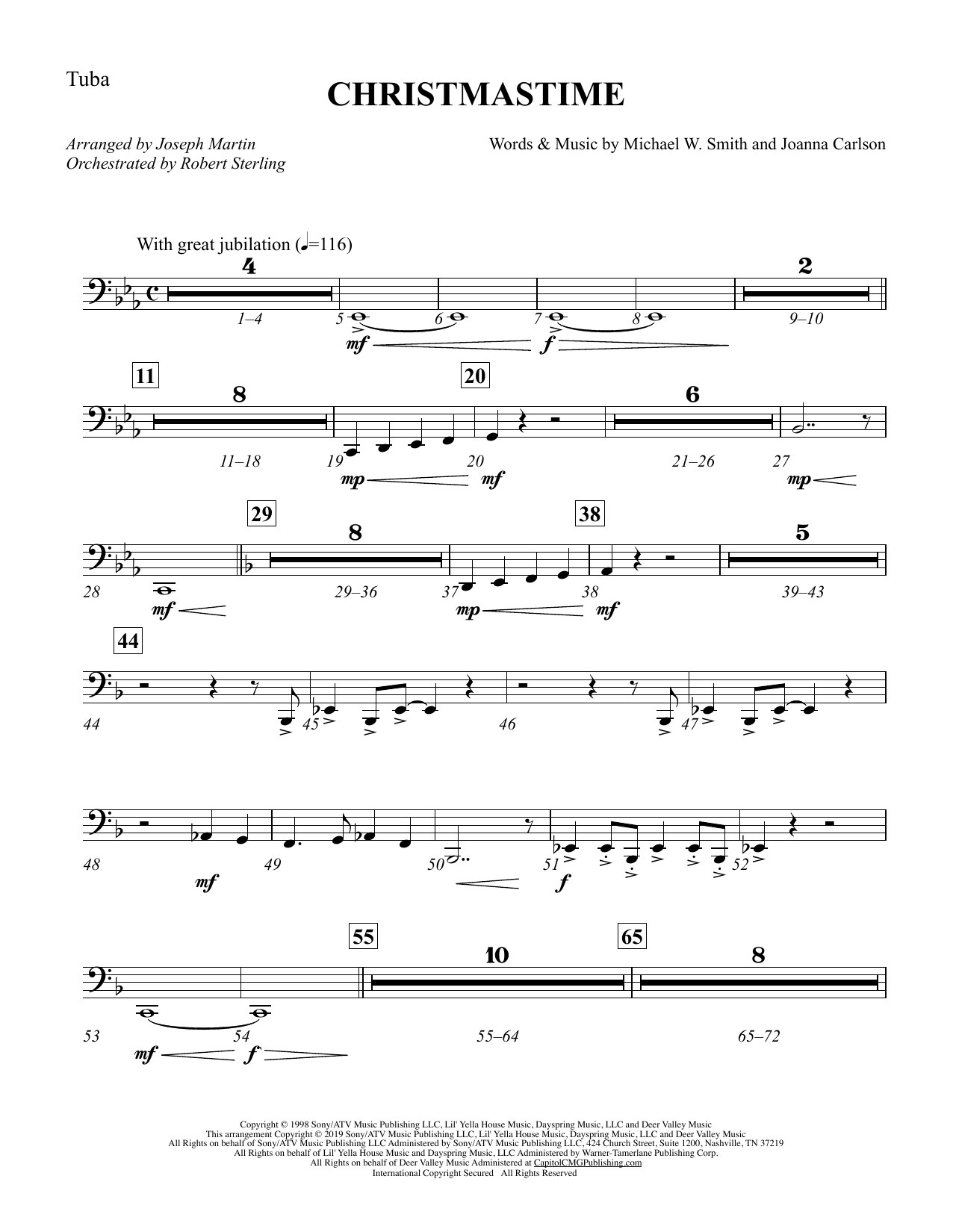 Michael W. Smith & Joanna Carlson Christmastime (arr. Joseph M. Martin) - Tuba sheet music notes and chords arranged for Choir Instrumental Pak