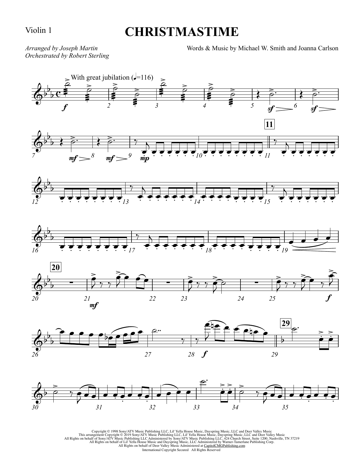 Michael W. Smith & Joanna Carlson Christmastime (arr. Joseph M. Martin) - Violin 1 sheet music notes and chords arranged for Choir Instrumental Pak