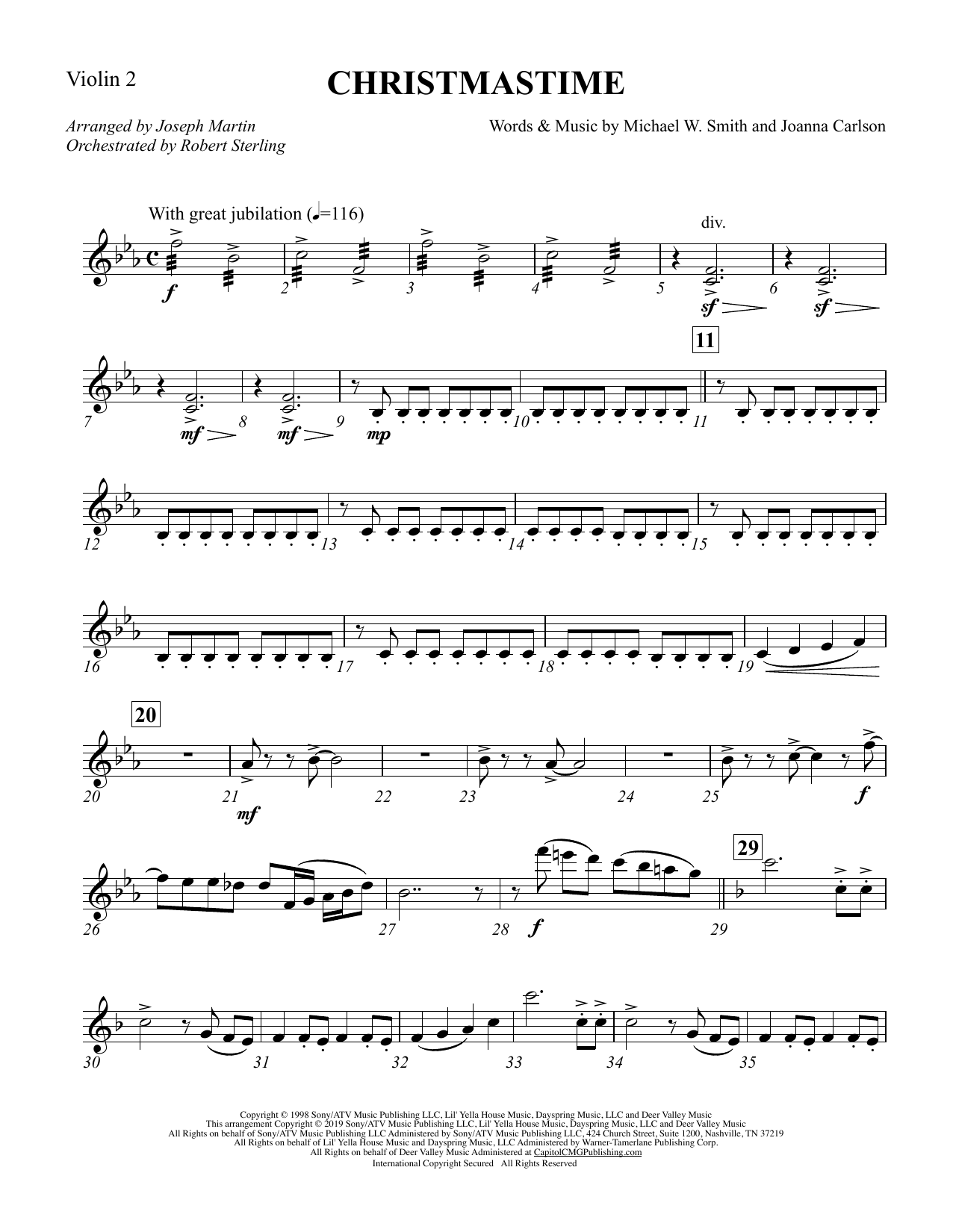 Michael W. Smith & Joanna Carlson Christmastime (arr. Joseph M. Martin) - Violin 2 sheet music notes and chords arranged for Choir Instrumental Pak