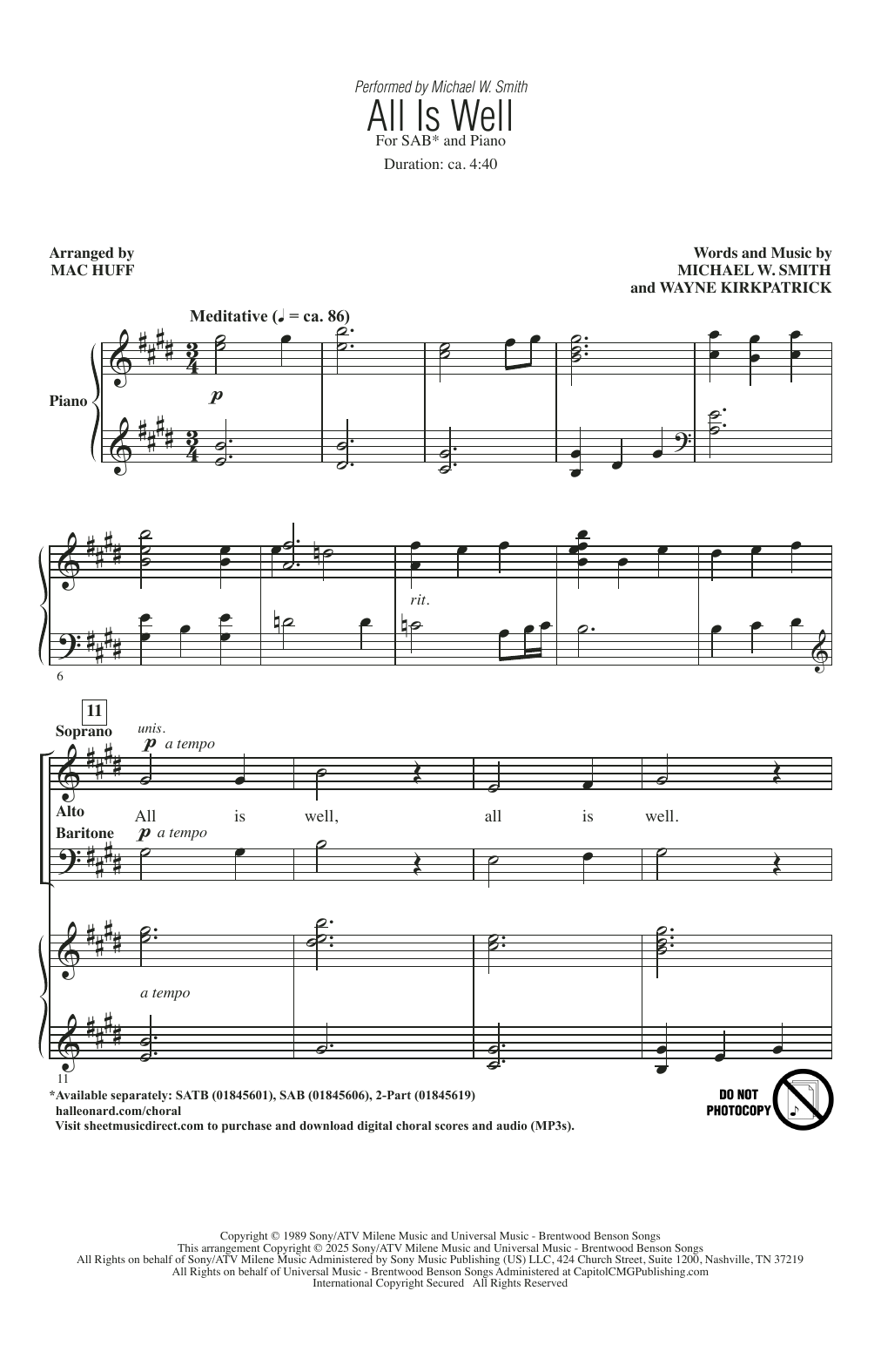 Michael W. Smith All Is Well (arr. Mac Huff) sheet music notes and chords arranged for 2-Part Choir