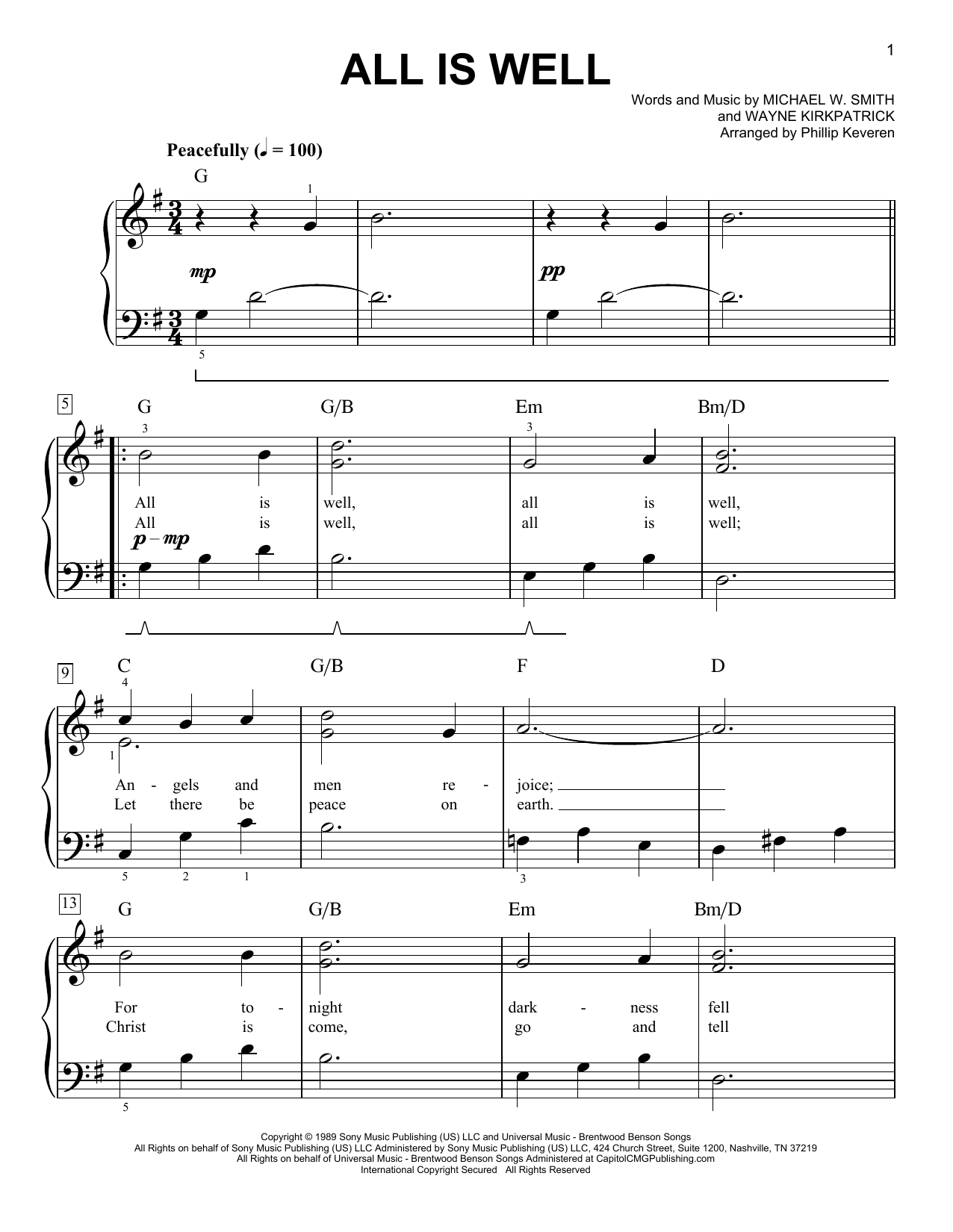 Michael W. Smith All Is Well (arr. Phillip Keveren) sheet music notes and chords arranged for Easy Piano
