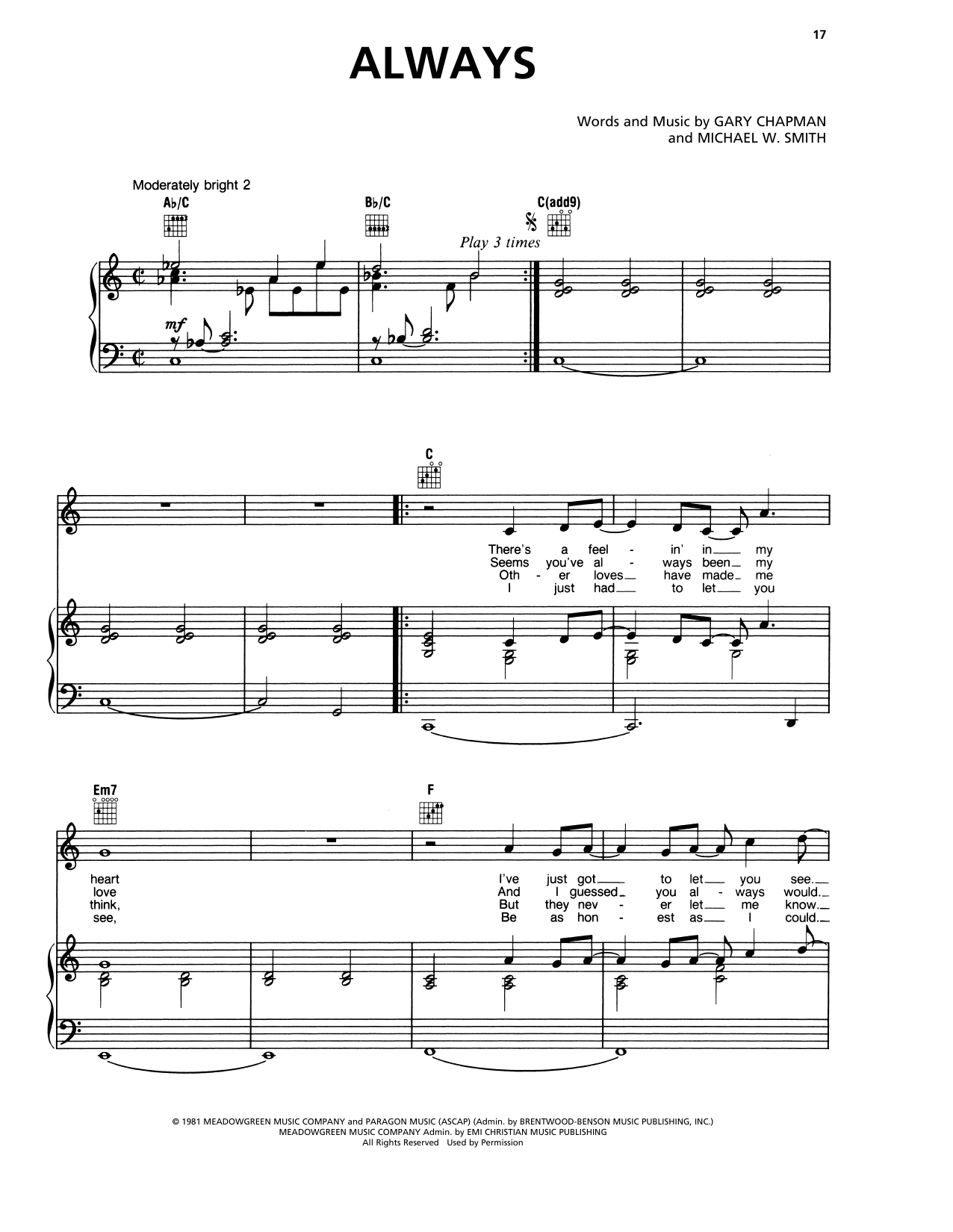 Michael W. Smith Always sheet music notes and chords arranged for Piano, Vocal & Guitar Chords (Right-Hand Melody)