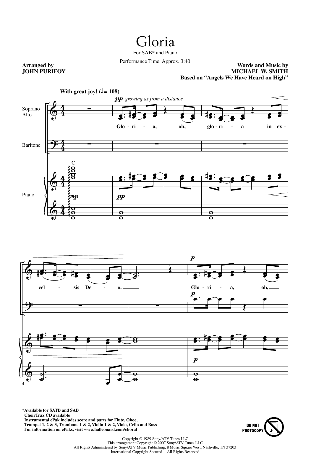 Michael W. Smith Gloria (arr. John Purifoy) sheet music notes and chords arranged for SAB Choir