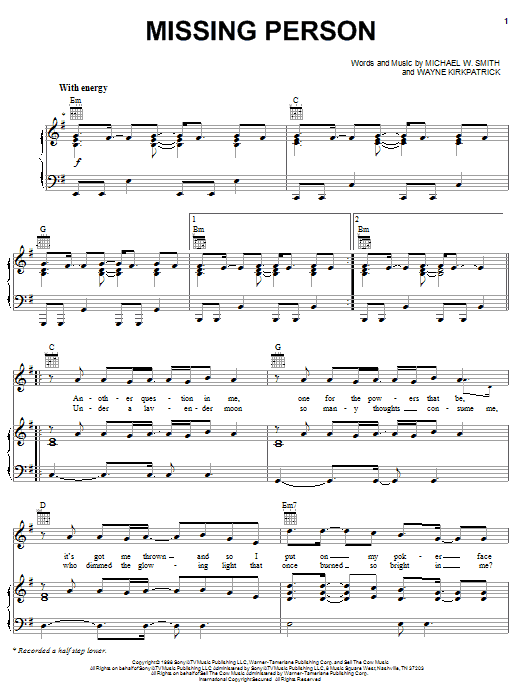 Michael W. Smith Missing Person sheet music notes and chords arranged for Piano, Vocal & Guitar Chords (Right-Hand Melody)