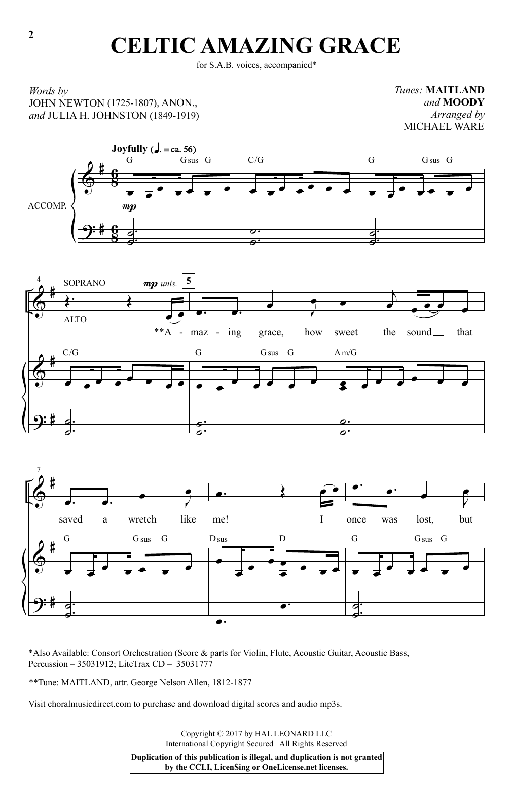 Michael Ware Celtic Amazing Grace sheet music notes and chords arranged for SAB Choir