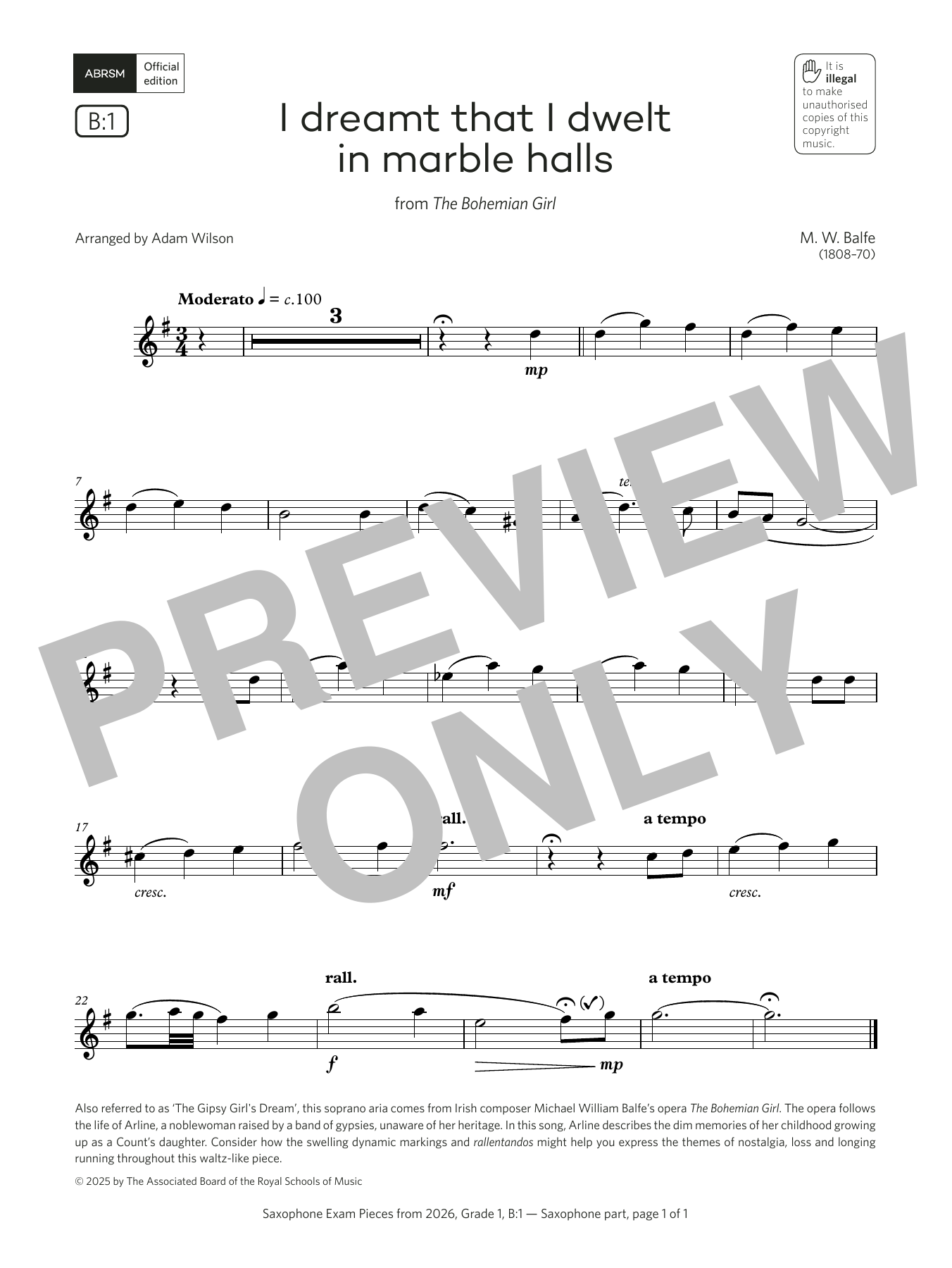 Michael William Balfe I dreamt that I dwelt (Grade 1, list B1, from the ABRSM Saxophone Syllabus from 2026) sheet music notes and chords arranged for Alto Sax Solo