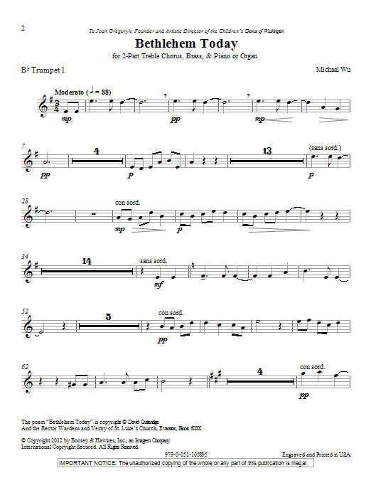 Michael Wu Bethlehem Today - Bb Trumpet 1 sheet music notes and chords arranged for Choir Instrumental Pak