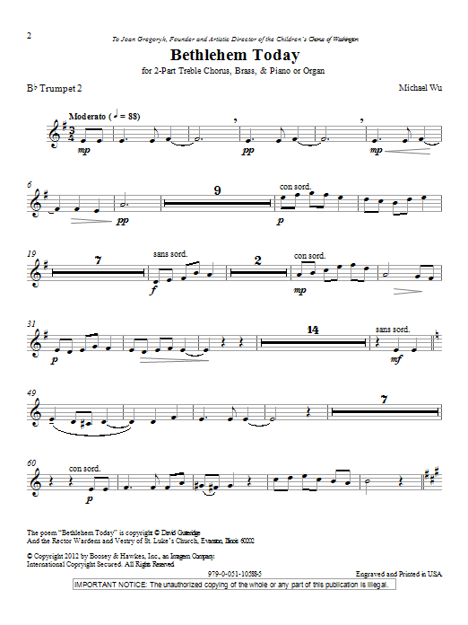 Michael Wu Bethlehem Today - Bb Trumpet 2 sheet music notes and chords arranged for Choir Instrumental Pak