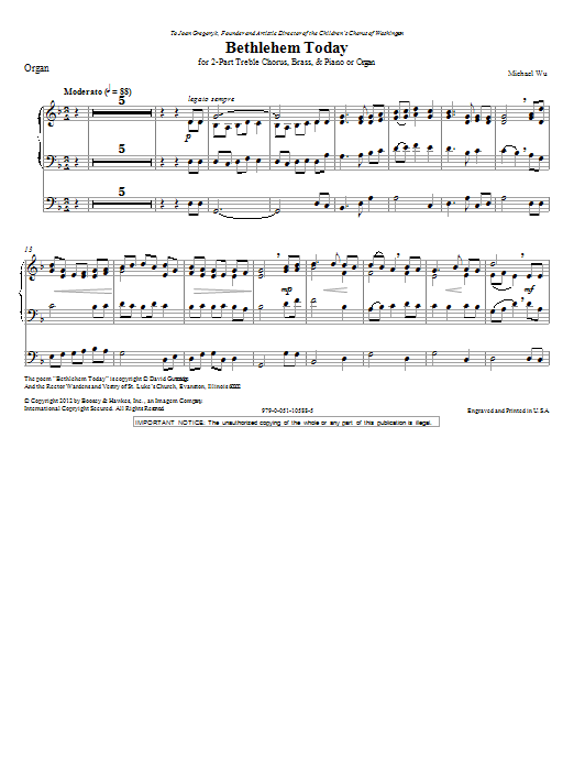 Michael Wu Bethlehem Today - Organ sheet music notes and chords arranged for Choir Instrumental Pak