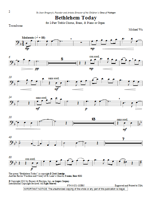 Michael Wu Bethlehem Today - Trombone sheet music notes and chords arranged for Choir Instrumental Pak