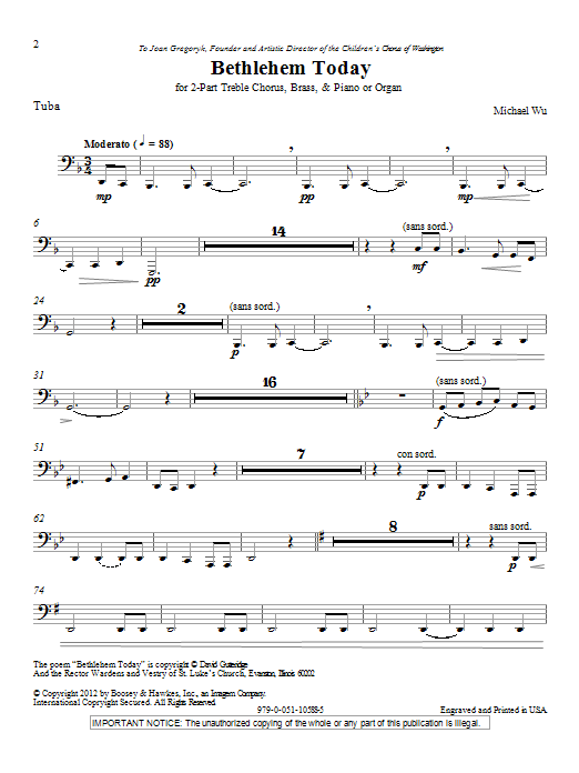 Michael Wu Bethlehem Today - Tuba sheet music notes and chords arranged for Choir Instrumental Pak
