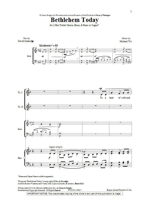 Michael Wu Bethlehem Today sheet music notes and chords arranged for 2-Part Choir