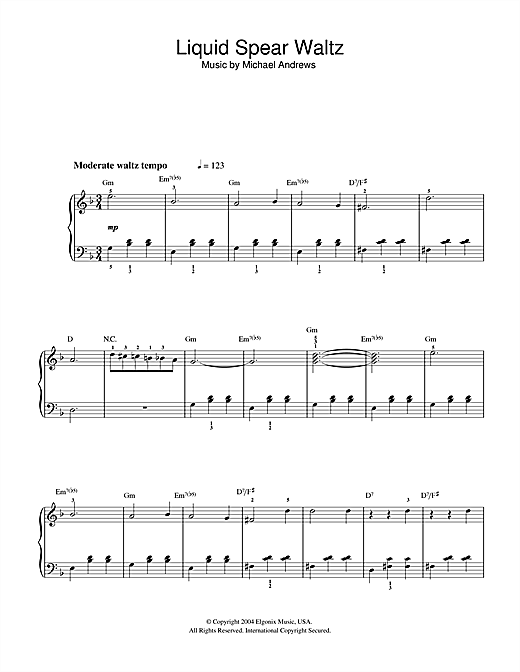 Michael Andrews Liquid Spear Waltz (from Donnie Darko) sheet music notes and chords arranged for Easy Piano