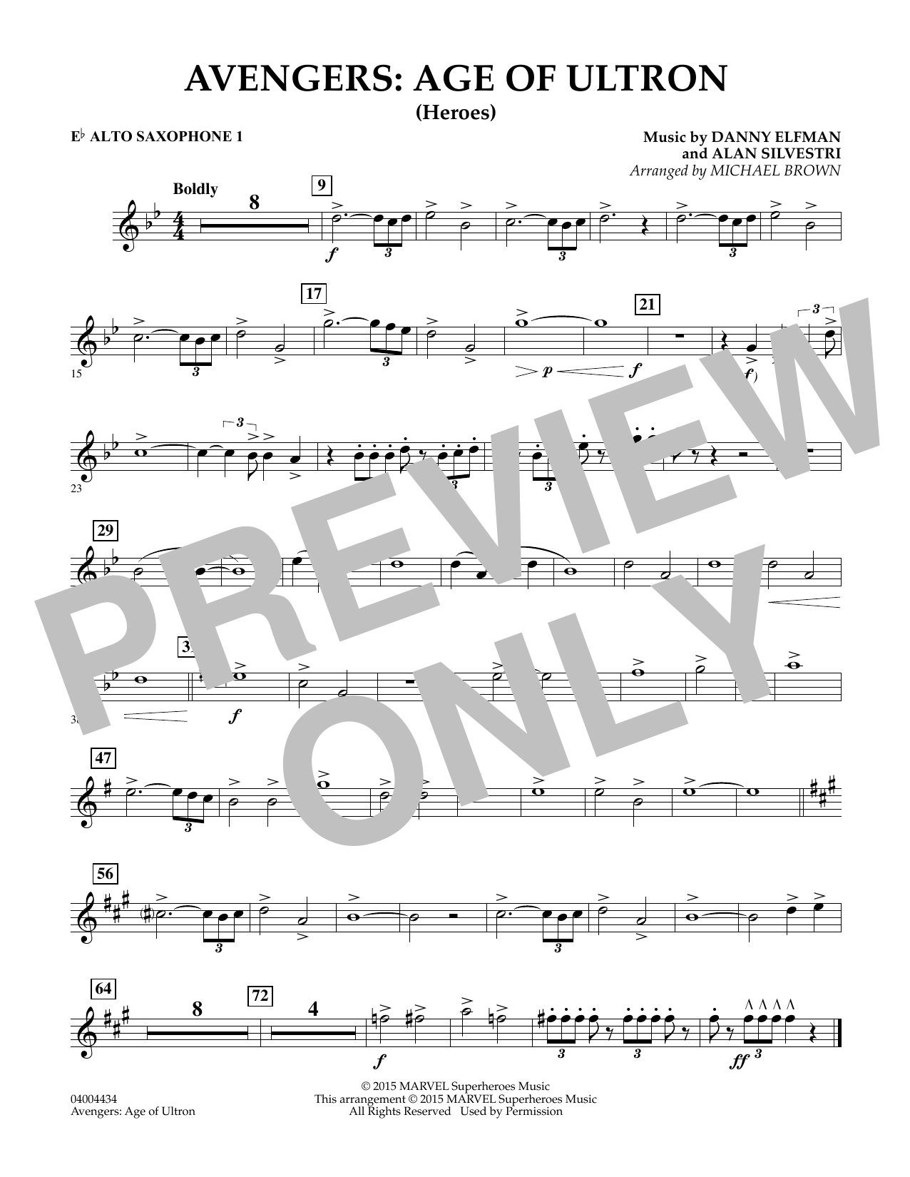 Michael Brown Avengers: The Age of Ultron (Main Theme) - Eb Alto Saxophone 1 sheet music notes and chords. Download Printable PDF.