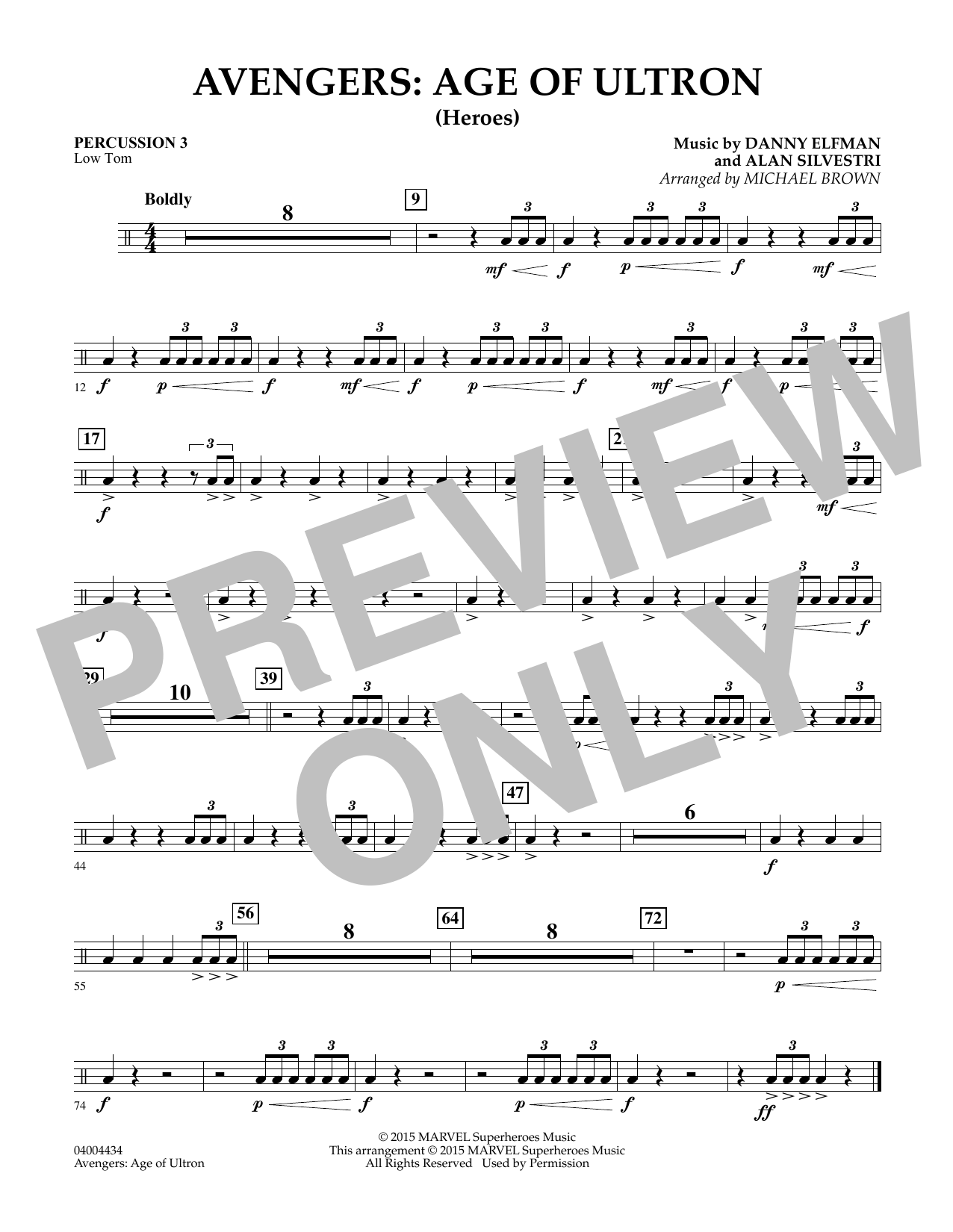 Michael Brown Avengers: The Age of Ultron (Main Theme) - Percussion 3 sheet music notes and chords. Download Printable PDF.
