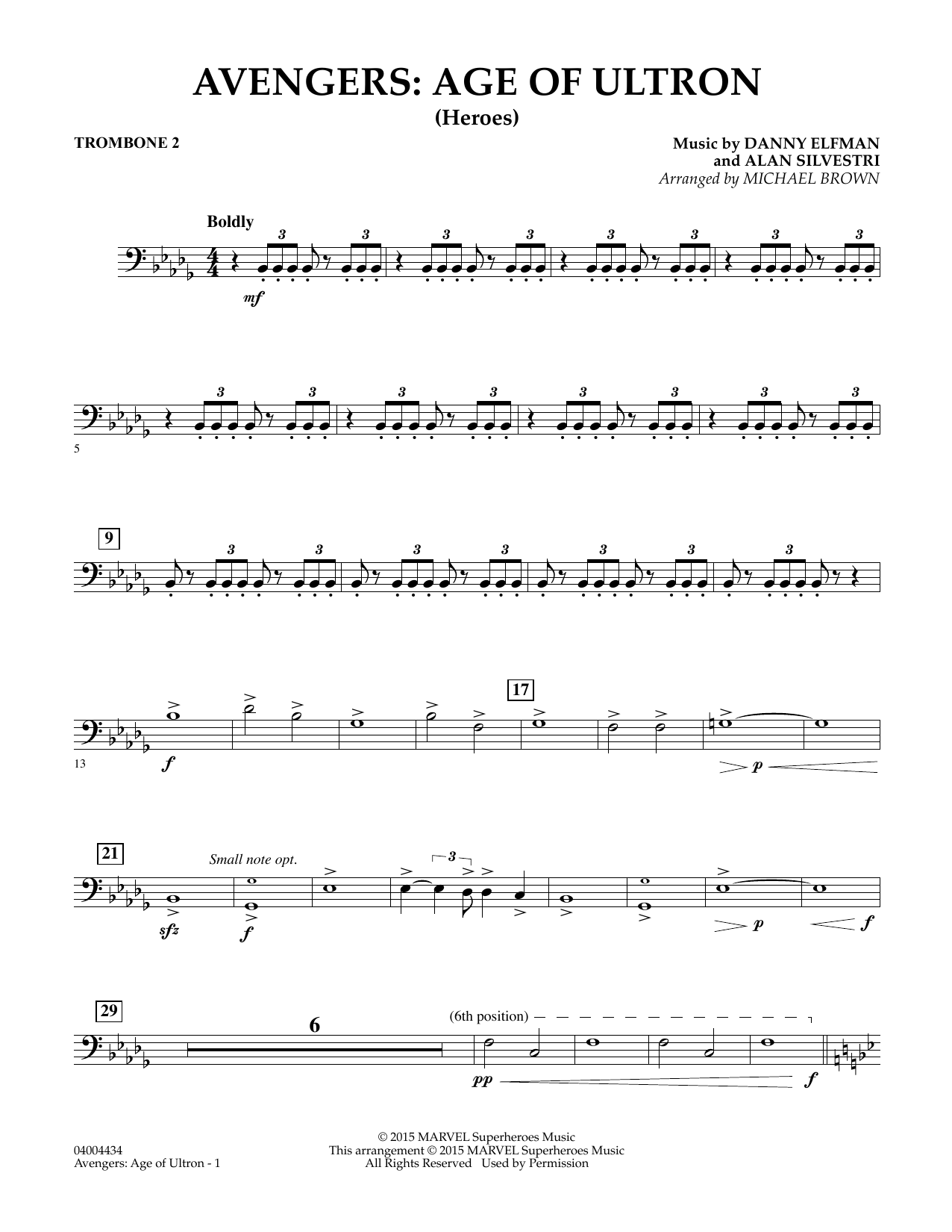 Michael Brown Avengers: The Age of Ultron (Main Theme) - Trombone 2 sheet music notes and chords. Download Printable PDF.