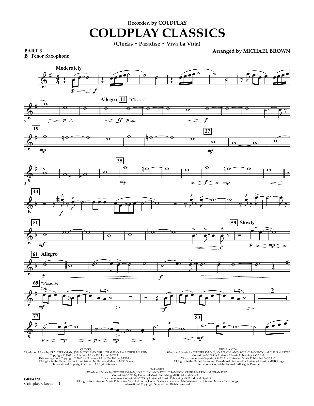 Michael Brown Coldplay Classics - Pt.3 - Bb Tenor Saxophone sheet music notes and chords. Download Printable PDF.
