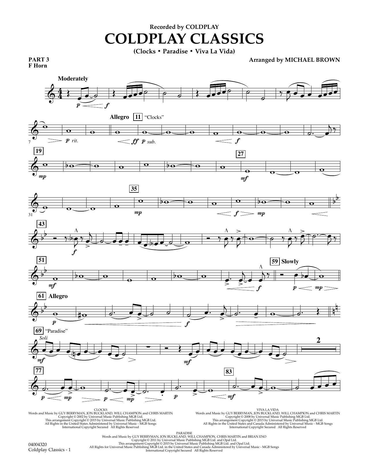 Michael Brown Coldplay Classics - Pt.3 - F Horn sheet music notes and chords. Download Printable PDF.