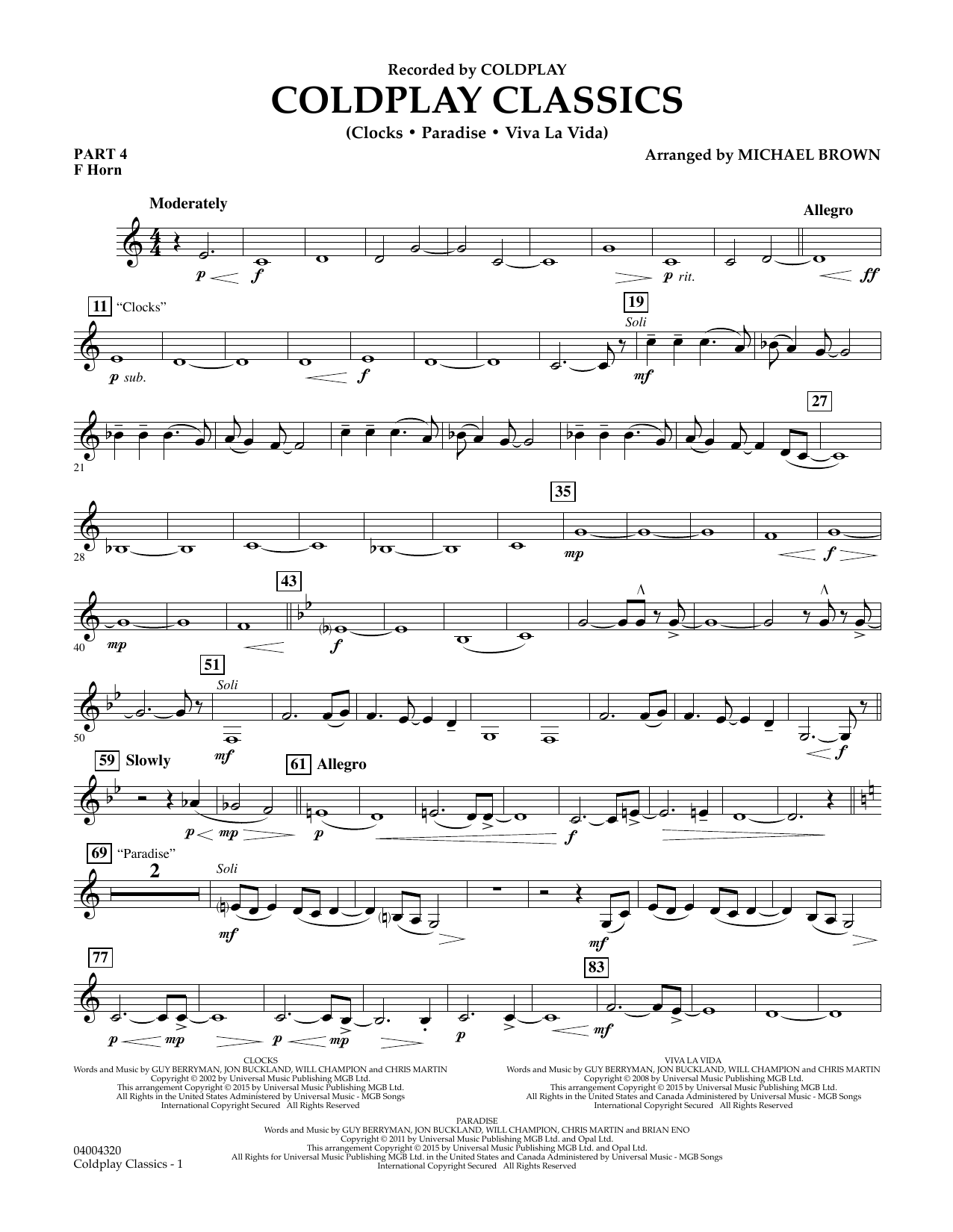 Michael Brown Coldplay Classics - Pt.4 - F Horn sheet music notes and chords. Download Printable PDF.