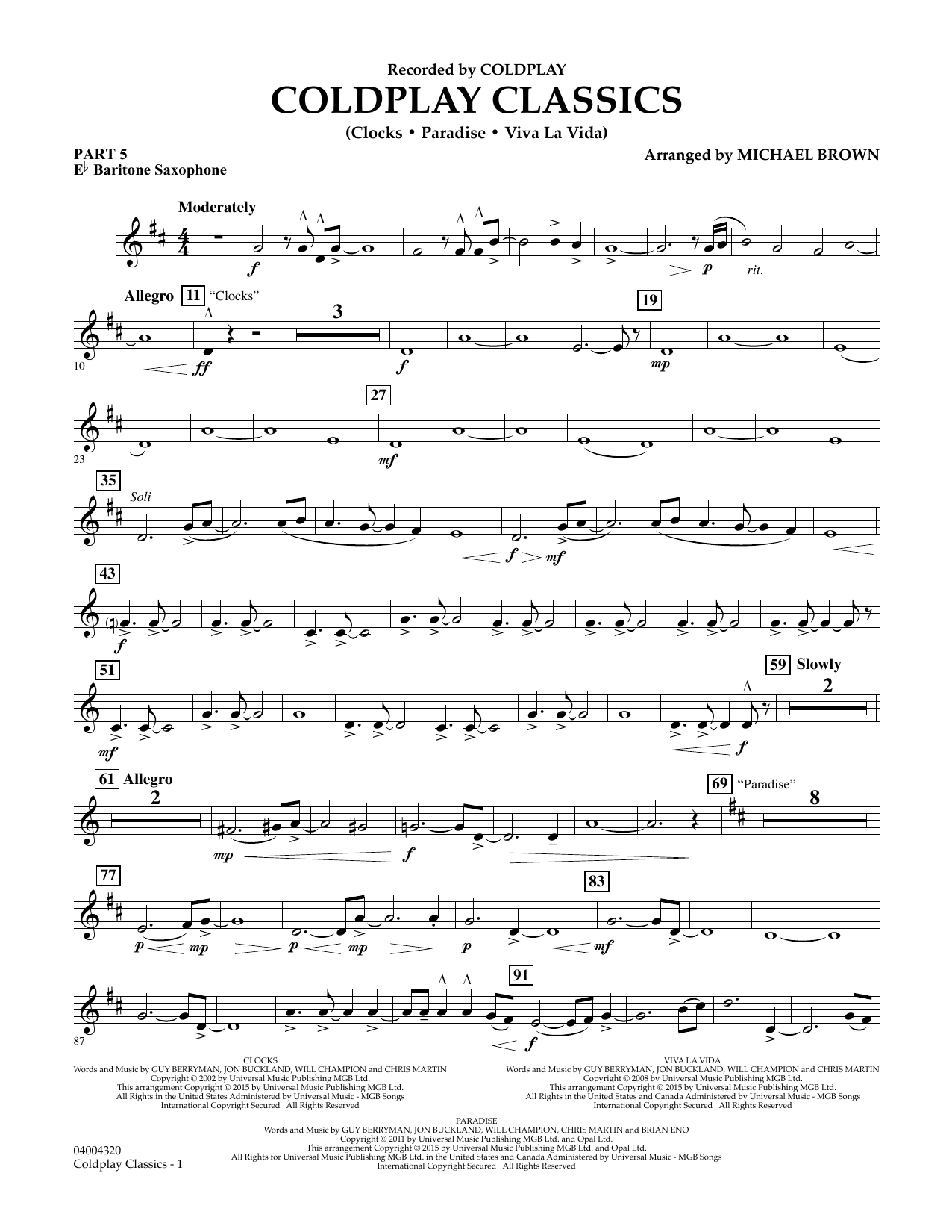 Michael Brown Coldplay Classics - Pt.5 - Eb Baritone Saxophone sheet music notes and chords. Download Printable PDF.