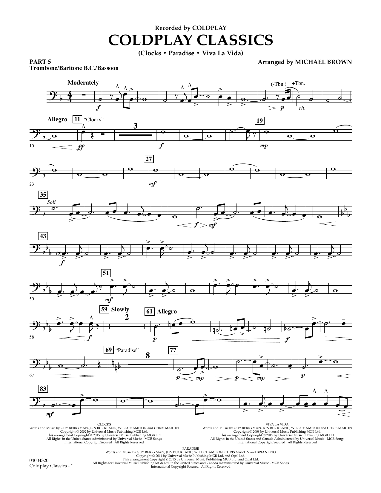 Michael Brown Coldplay Classics - Pt.5 - Trombone/Bar. B.C./Bsn. sheet music notes and chords. Download Printable PDF.