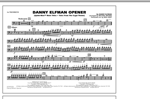 Michael Brown Danny Elfman Opener - 1st Trombone sheet music notes and chords. Download Printable PDF.