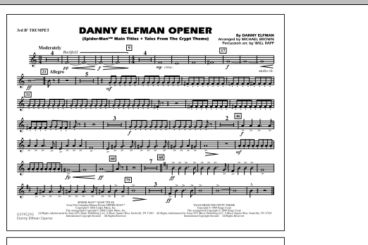 Michael Brown Danny Elfman Opener - 3rd Bb Trumpet sheet music notes and chords. Download Printable PDF.