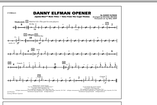 Michael Brown Danny Elfman Opener - Cymbals sheet music notes and chords. Download Printable PDF.
