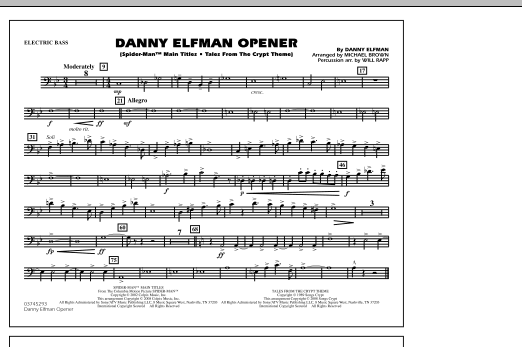 Michael Brown Danny Elfman Opener - Electric Bass sheet music notes and chords. Download Printable PDF.