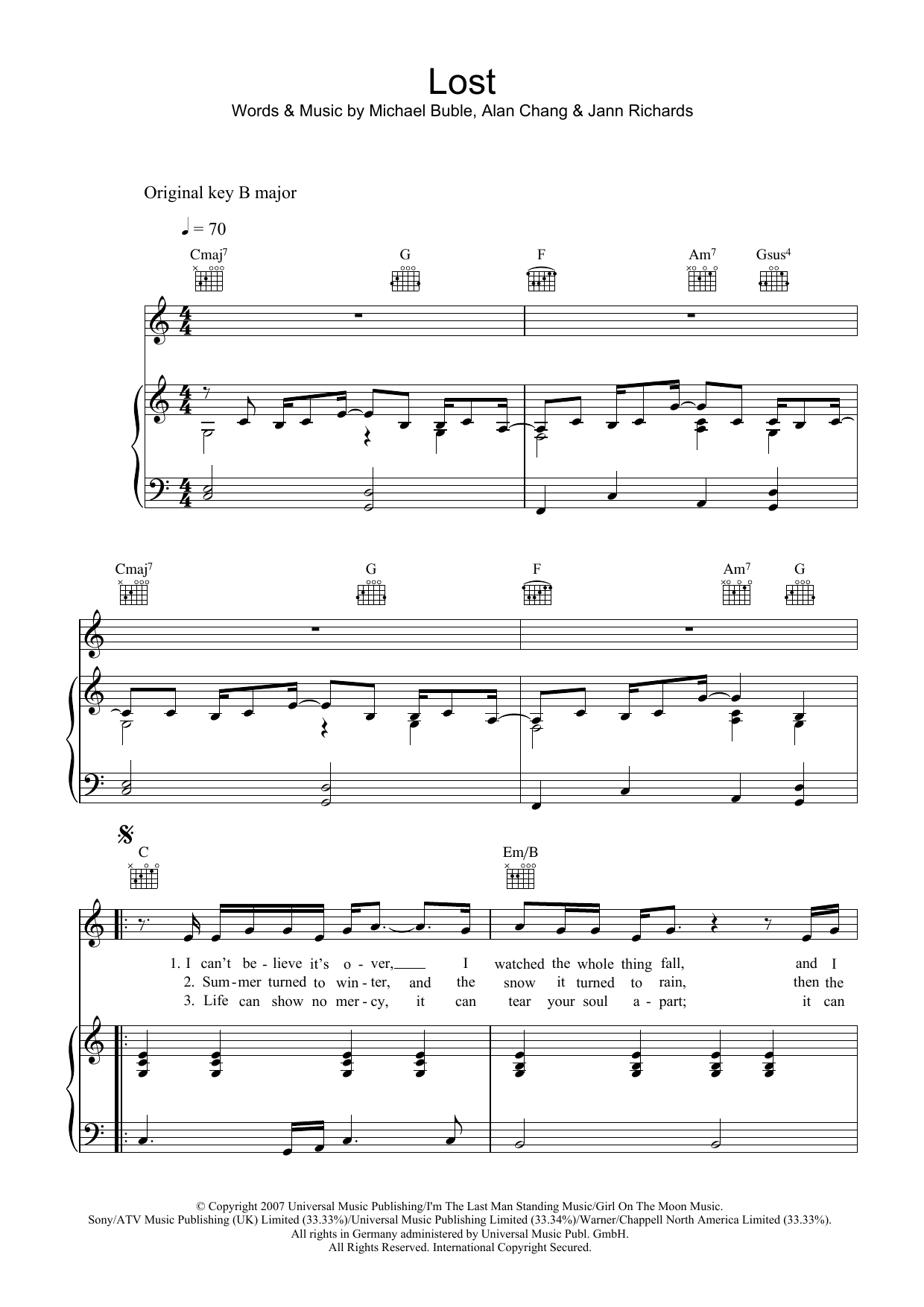 Michael Bublé Lost sheet music notes and chords. Download Printable PDF.