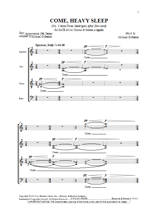 Michael Gilbertson Come, Heavy Sleep sheet music notes and chords arranged for SATB Choir