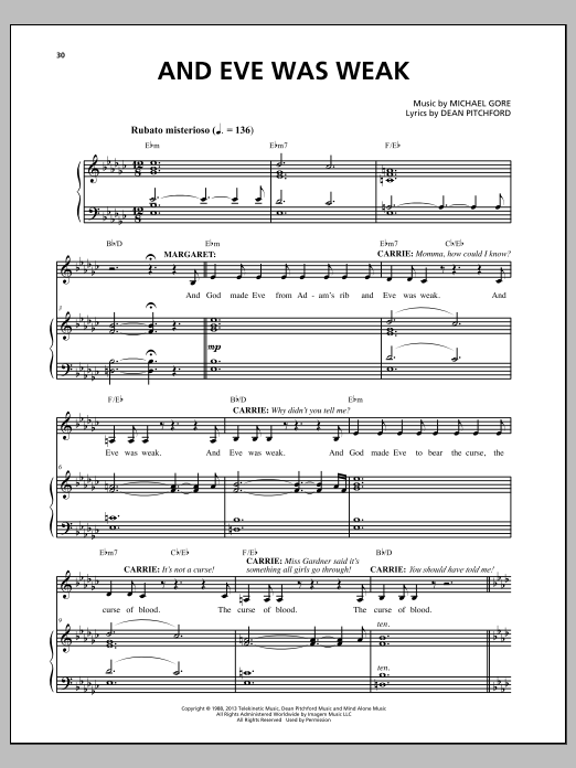 Michael Gore And Eve Was Weak (from Carrie The Musical) sheet music notes and chords arranged for Piano & Vocal