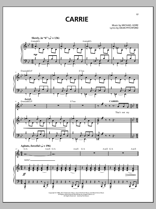 Michael Gore Carrie (from Carrie The Musical) sheet music notes and chords arranged for Piano & Vocal