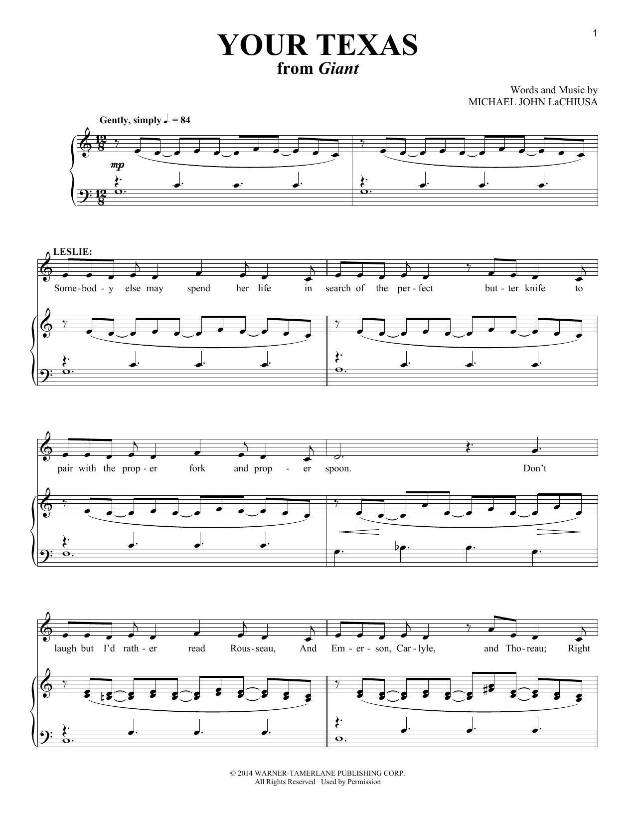 Michael John LaChiusa Your Texas sheet music notes and chords arranged for Piano & Vocal
