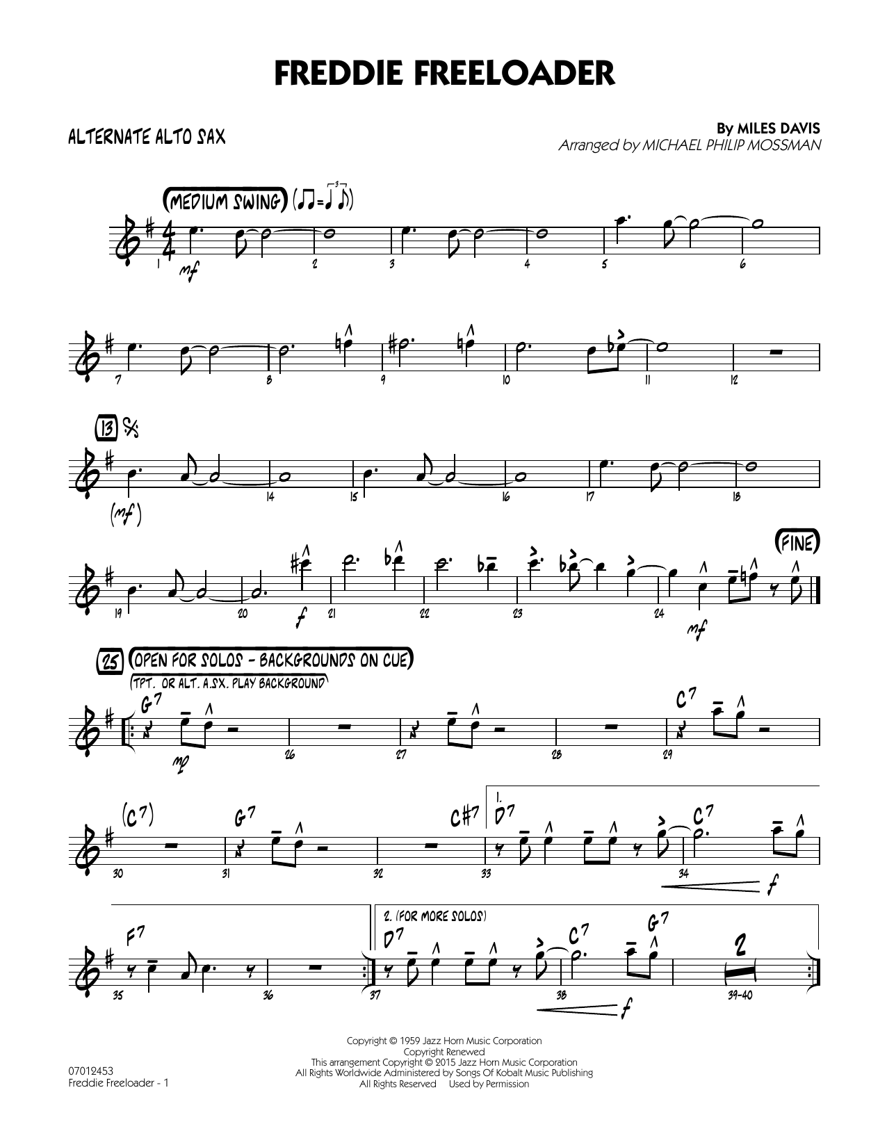 Michael Philip Mossman Freddie Freeloader - Alternate Alto Sax sheet music notes and chords. Download Printable PDF.