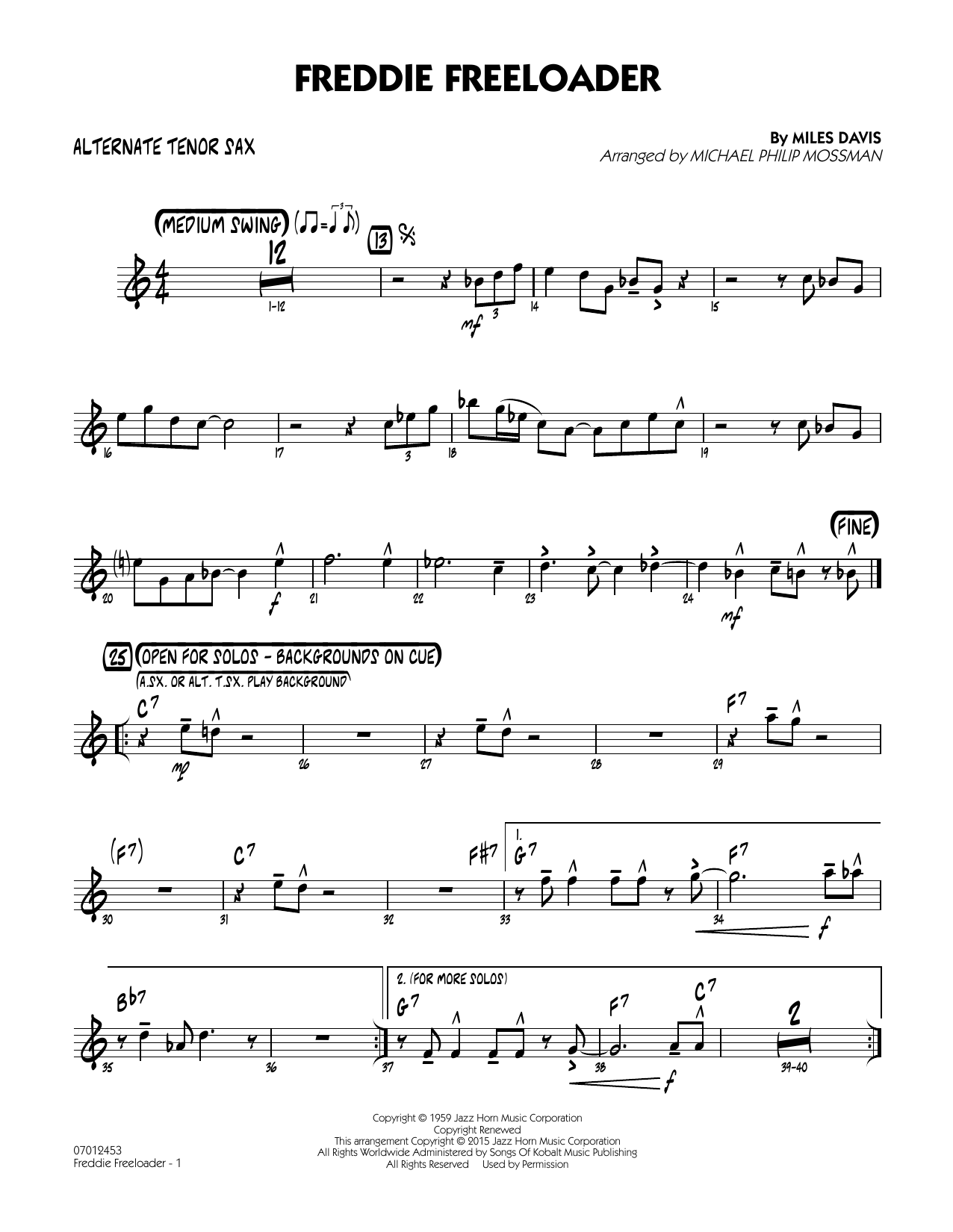 Michael Philip Mossman Freddie Freeloader - Alternate Tenor Sax sheet music notes and chords. Download Printable PDF.
