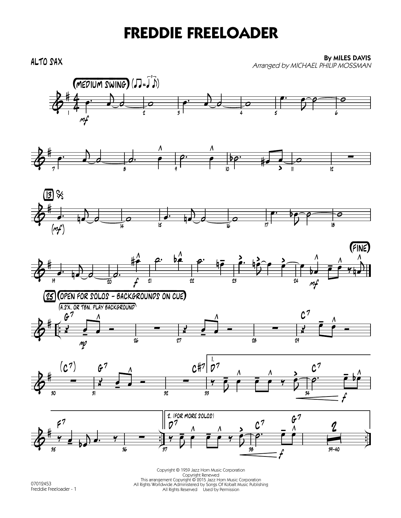 Michael Philip Mossman Freddie Freeloader - Alto Sax sheet music notes and chords. Download Printable PDF.