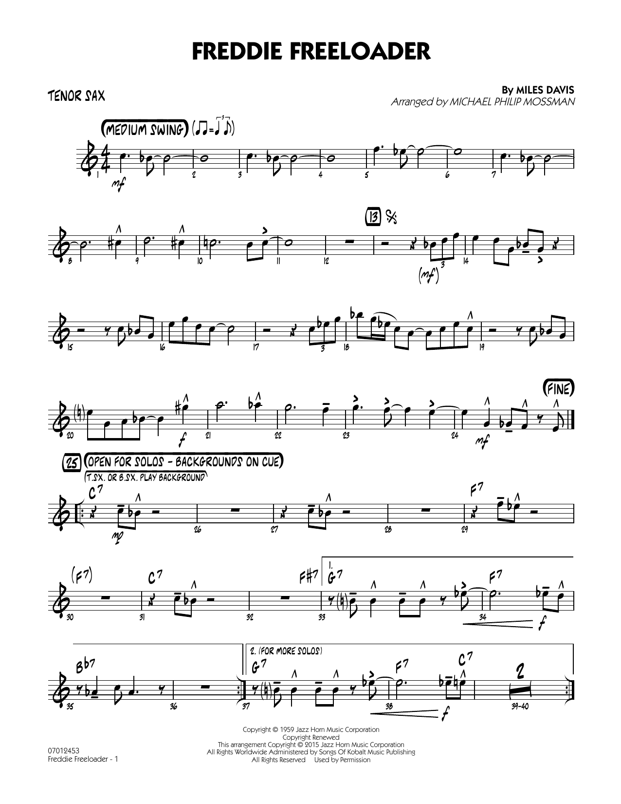 Michael Philip Mossman Freddie Freeloader - Tenor Sax sheet music notes and chords. Download Printable PDF.